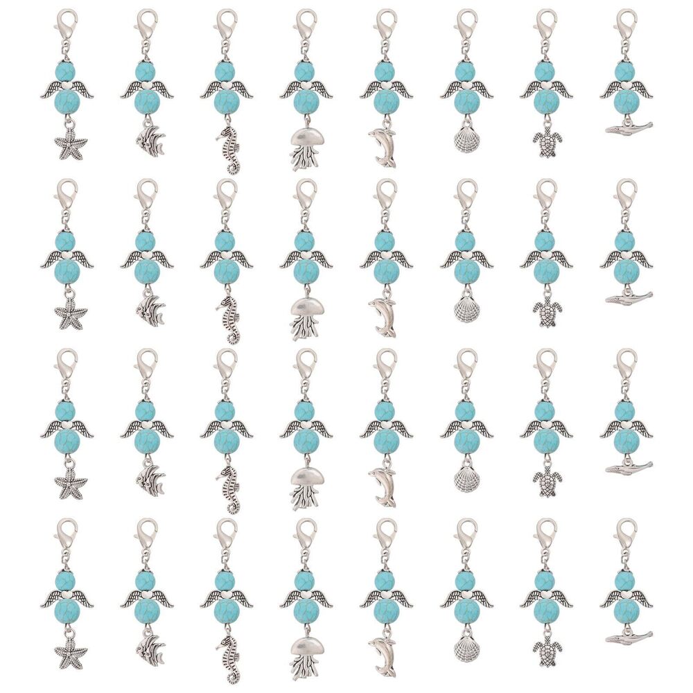 9740 32 Pcs 8 Styles Synthetic Turquois Angel Pendant Keychain Shell Shape